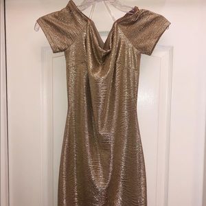 Gold lamé off the shoulder fitted dress